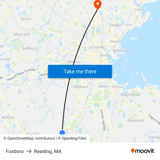 Foxboro to Reading, MA map