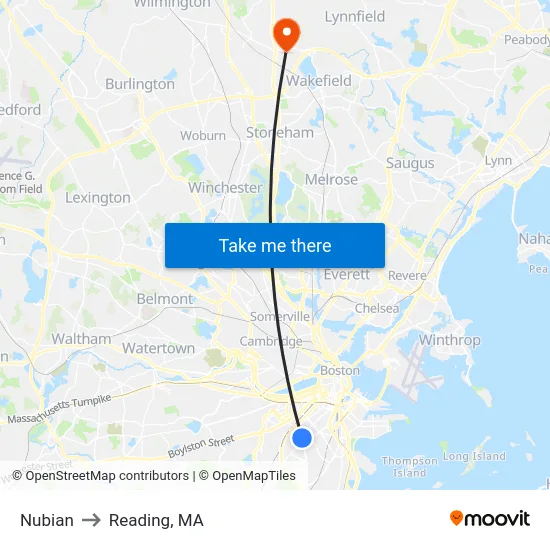 Nubian to Reading, MA map