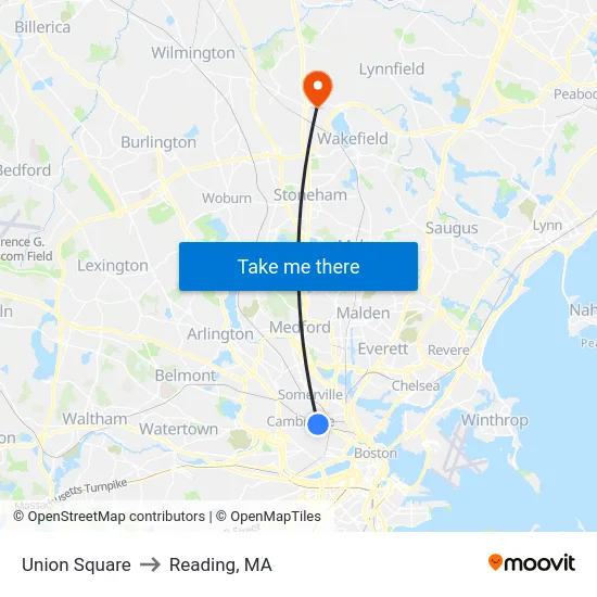 Union Square to Reading, MA map