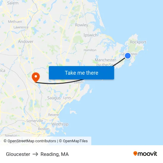 Gloucester to Reading, MA map