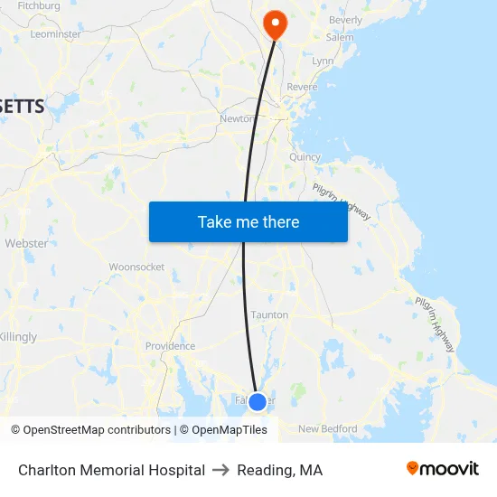 Charlton Memorial Hospital to Reading, MA map