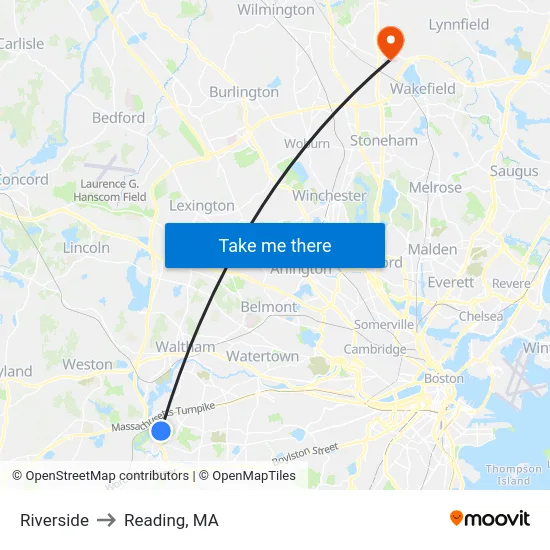 Riverside to Reading, MA map