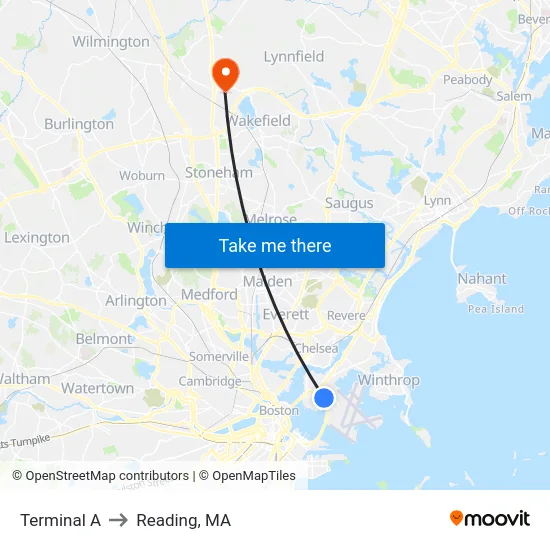 Terminal A to Reading, MA map