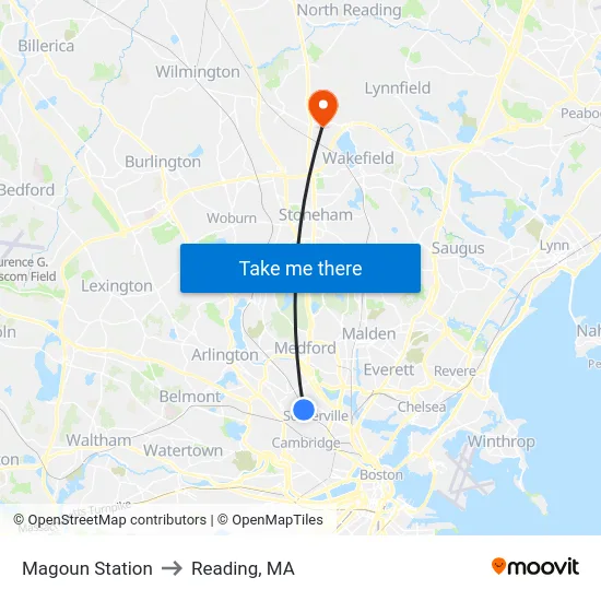 Magoun Station to Reading, MA map