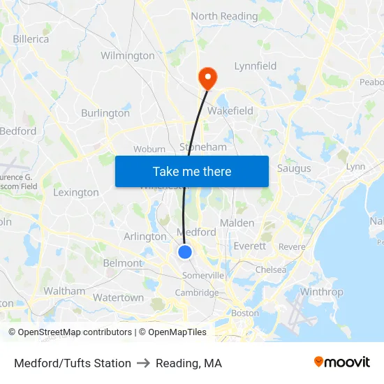 Medford/Tufts Station to Reading, MA map