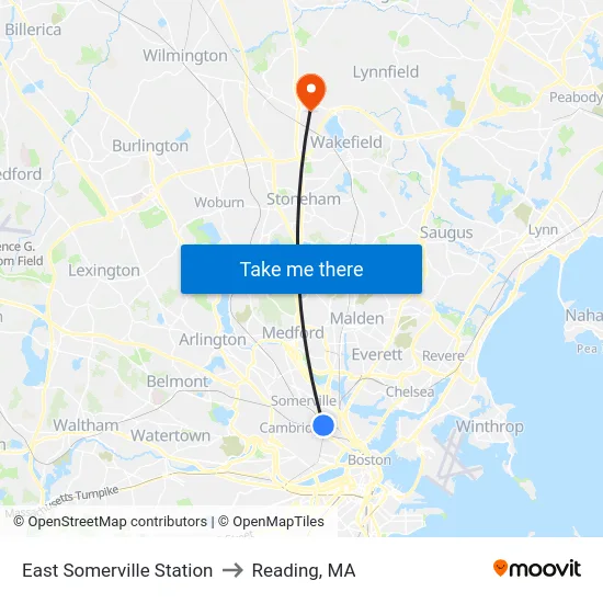 East Somerville Station to Reading, MA map