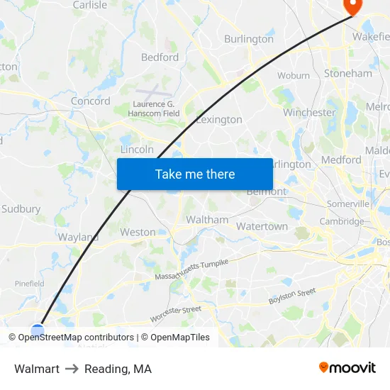 Walmart to Reading, MA map