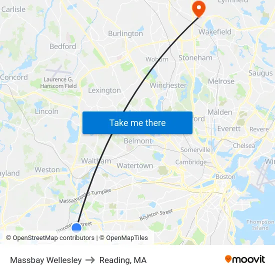 Massbay Wellesley to Reading, MA map