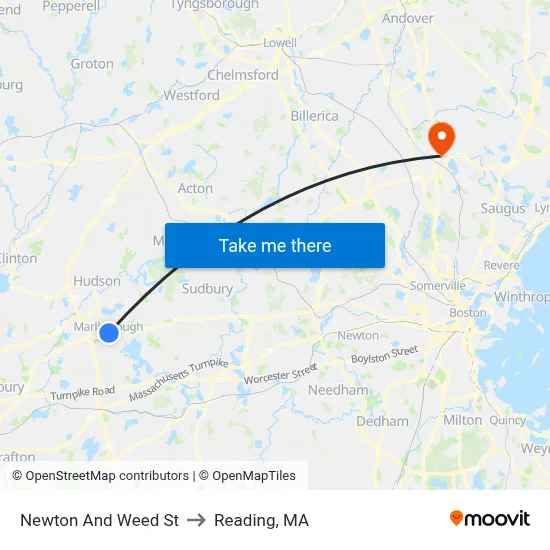 Newton And Weed St to Reading, MA map