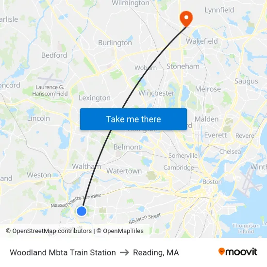 Woodland Mbta Train Station to Reading, MA map