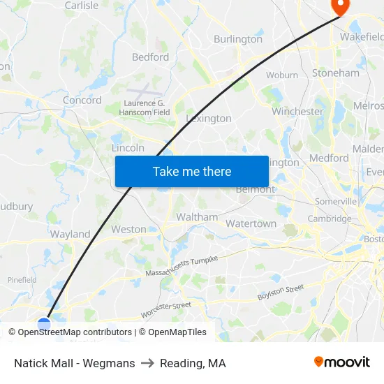 Natick Mall - Wegmans to Reading, MA map