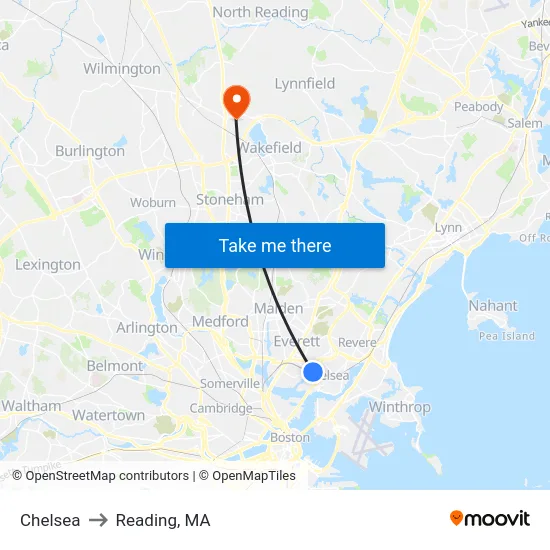 Chelsea to Reading, MA map