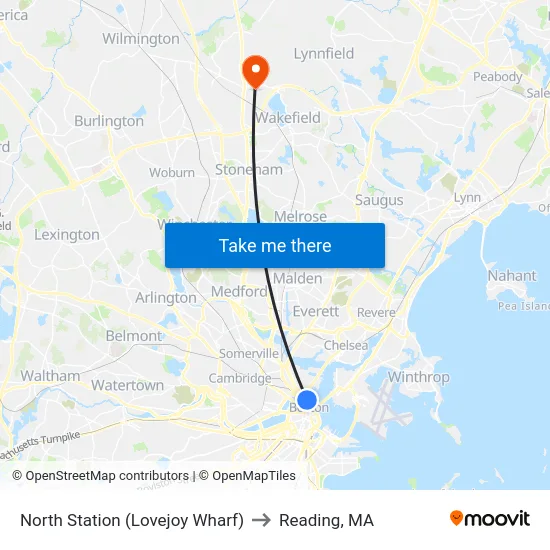 North Station (Lovejoy Wharf) to Reading, MA map