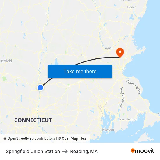 Springfield Union Station to Reading, MA map