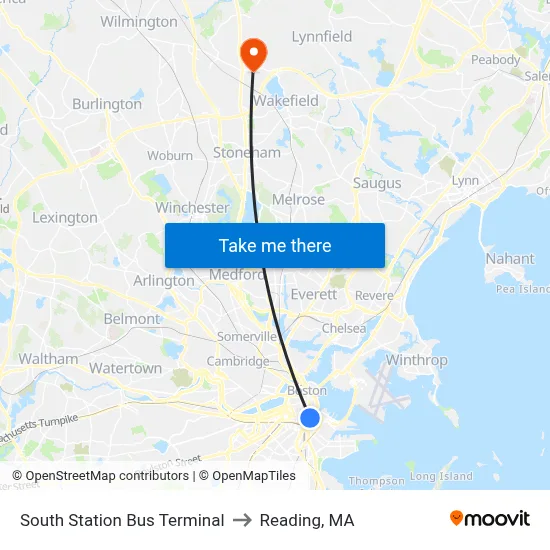 South Station Bus Terminal to Reading, MA map