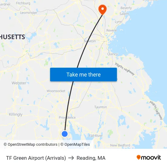TF Green Airport (Arrivals) to Reading, MA map