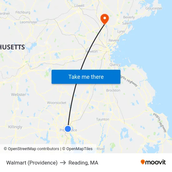 Walmart (Providence) to Reading, MA map