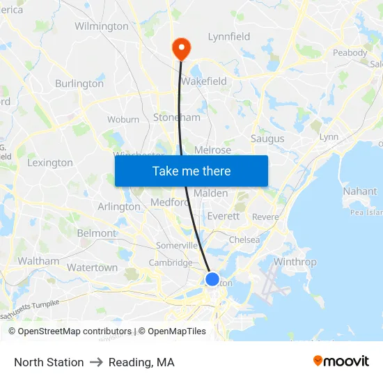 North Station to Reading, MA map