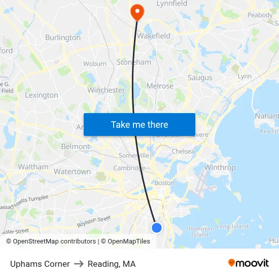 Uphams Corner to Reading, MA map