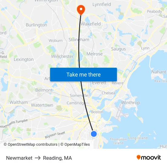 Newmarket to Reading, MA map