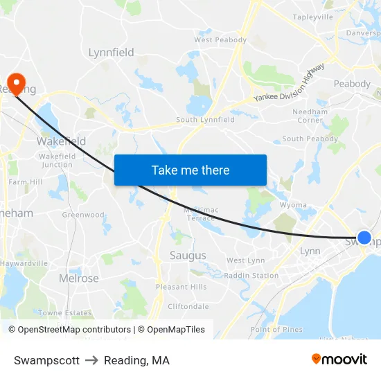 Swampscott to Reading, MA map