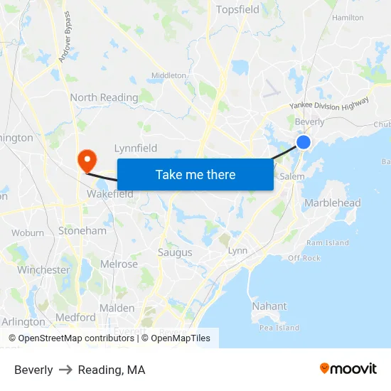 Beverly to Reading, MA map