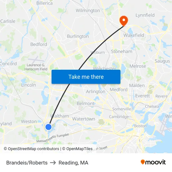 Brandeis/Roberts to Reading, MA map