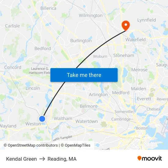 Kendal Green to Reading, MA map