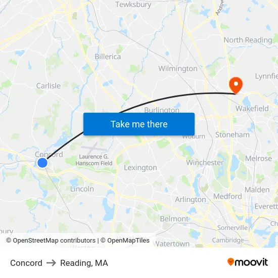 Concord to Reading, MA map