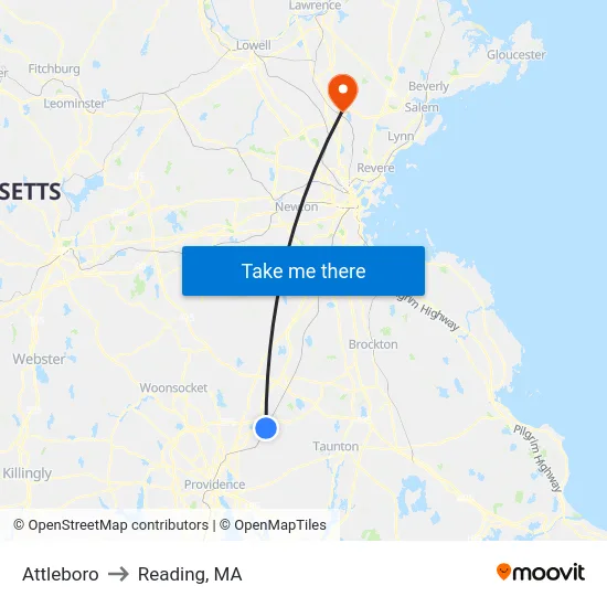 Attleboro to Reading, MA map