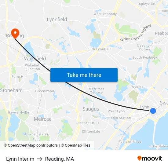 Lynn Interim to Reading, MA map