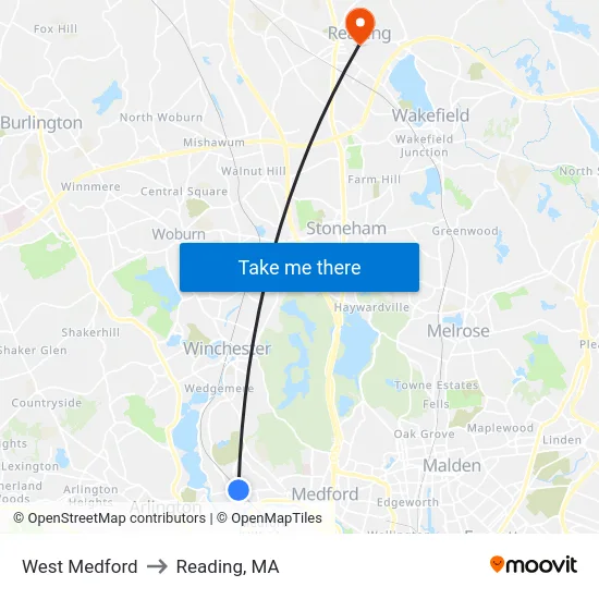 West Medford to Reading, MA map