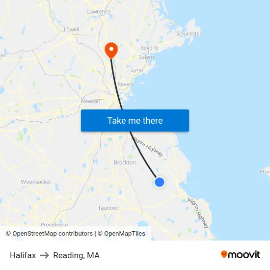 Halifax to Reading, MA map