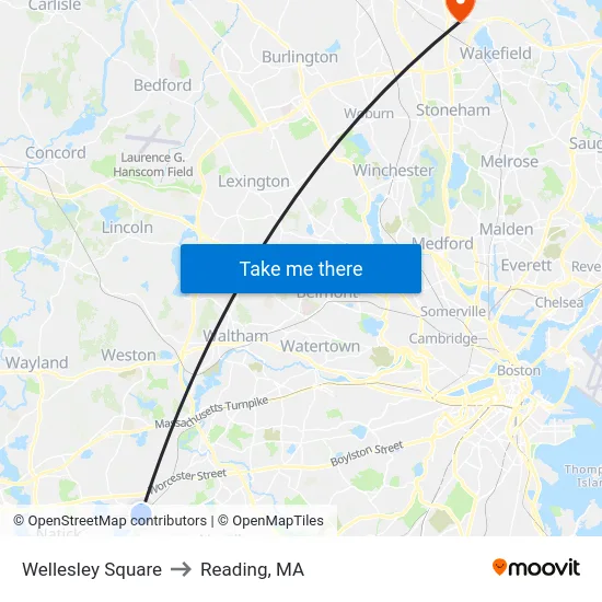 Wellesley Square to Reading, MA map