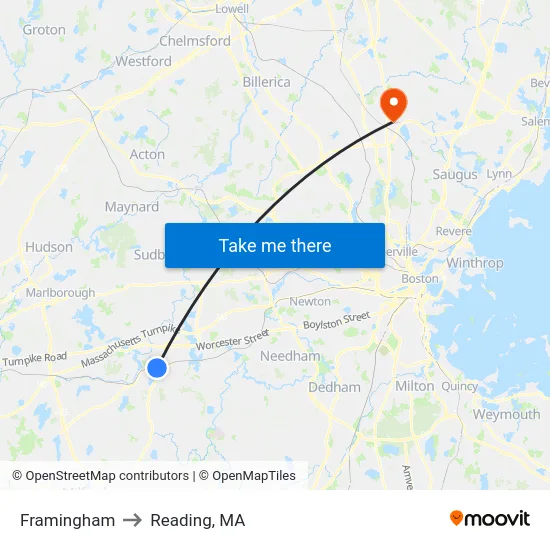 Framingham to Reading, MA map