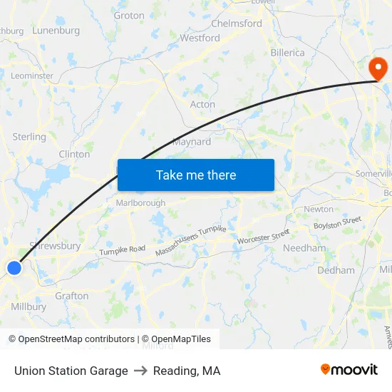 Union Station Garage to Reading, MA map