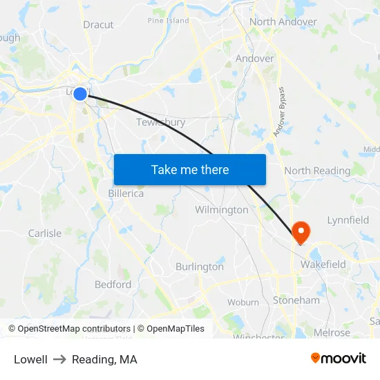 Lowell to Reading, MA map