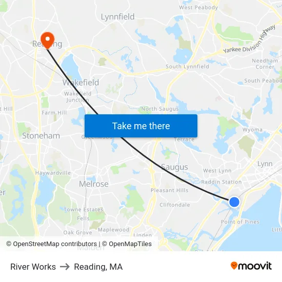 River Works to Reading, MA map