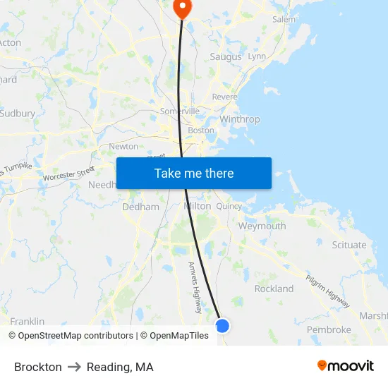 Brockton to Reading, MA map