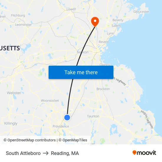 South Attleboro to Reading, MA map