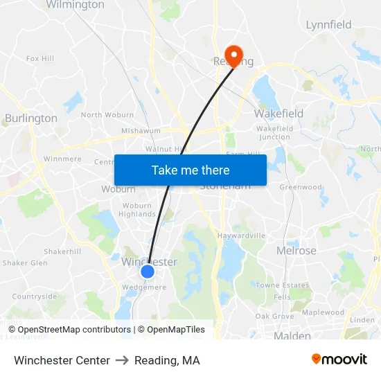 Winchester Center to Reading, MA map