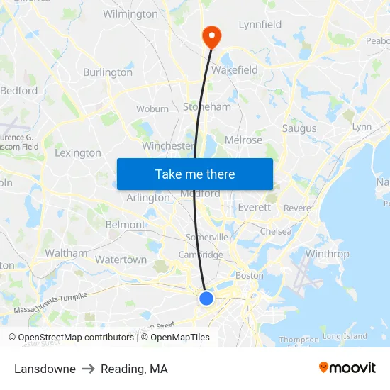 Lansdowne to Reading, MA map