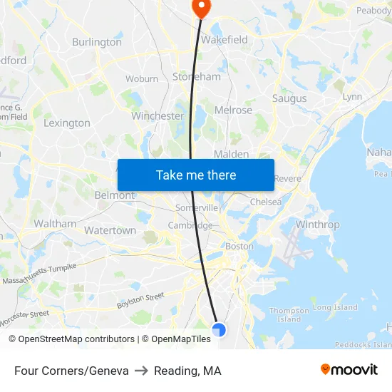Four Corners/Geneva to Reading, MA map