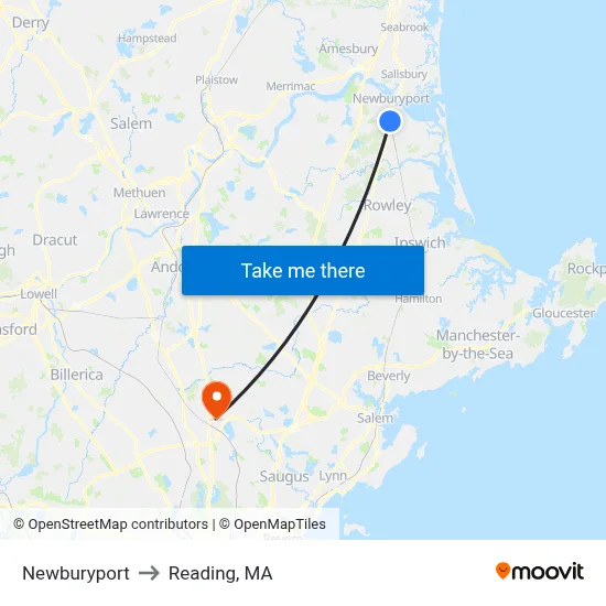 Newburyport to Reading, MA map