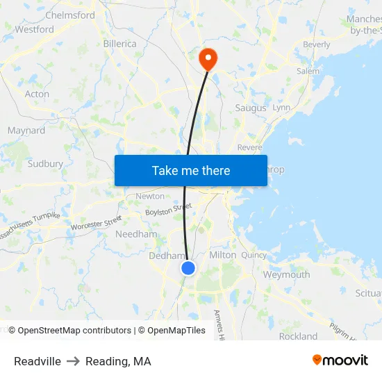 Readville to Reading, MA map