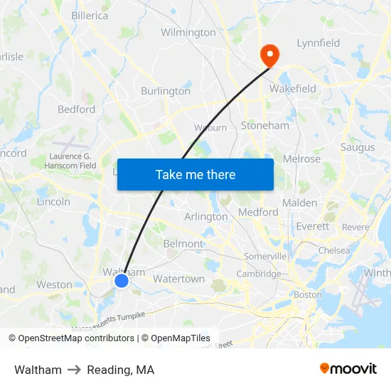 Waltham to Reading, MA map