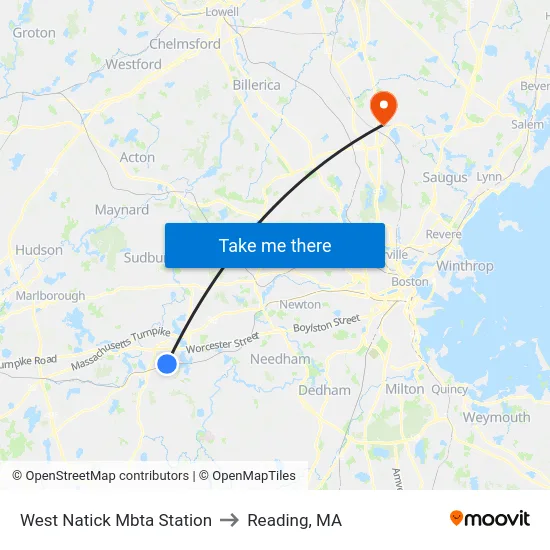 West Natick Mbta Station to Reading, MA map