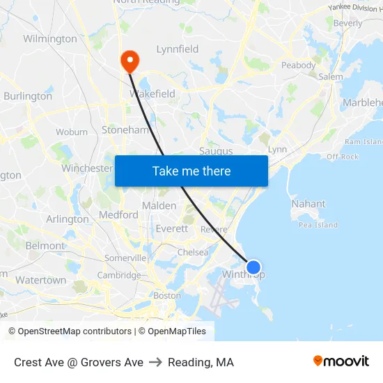 Crest Ave @ Grovers Ave to Reading, MA map