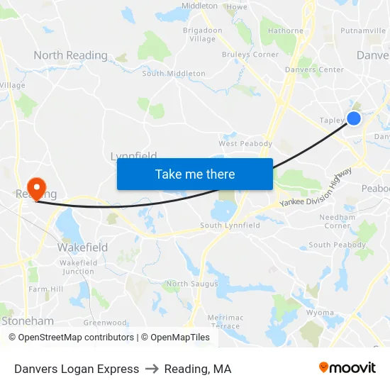 Danvers Logan Express to Reading, MA map