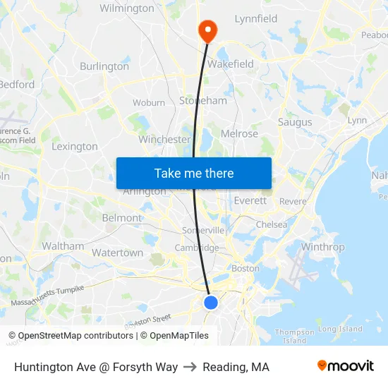 Huntington Ave @ Forsyth Way to Reading, MA map